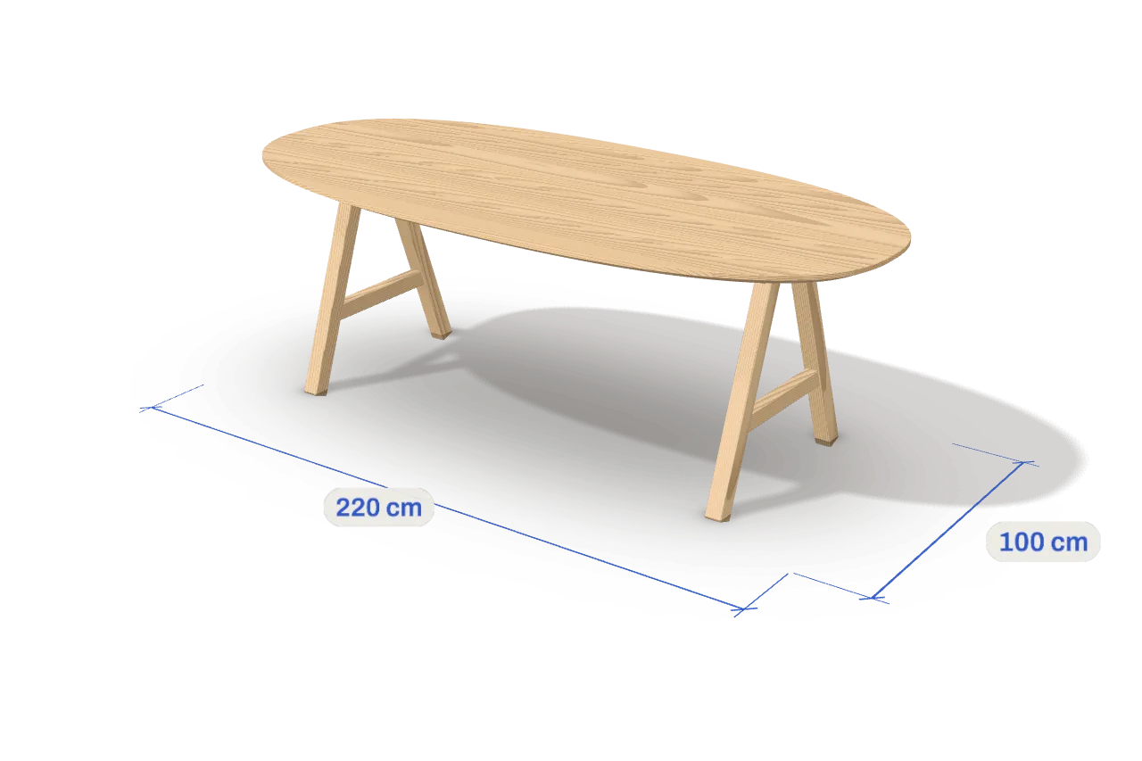 Eiken tafel in Deens ovaal met A-poten, 220 bij 100 centimeter